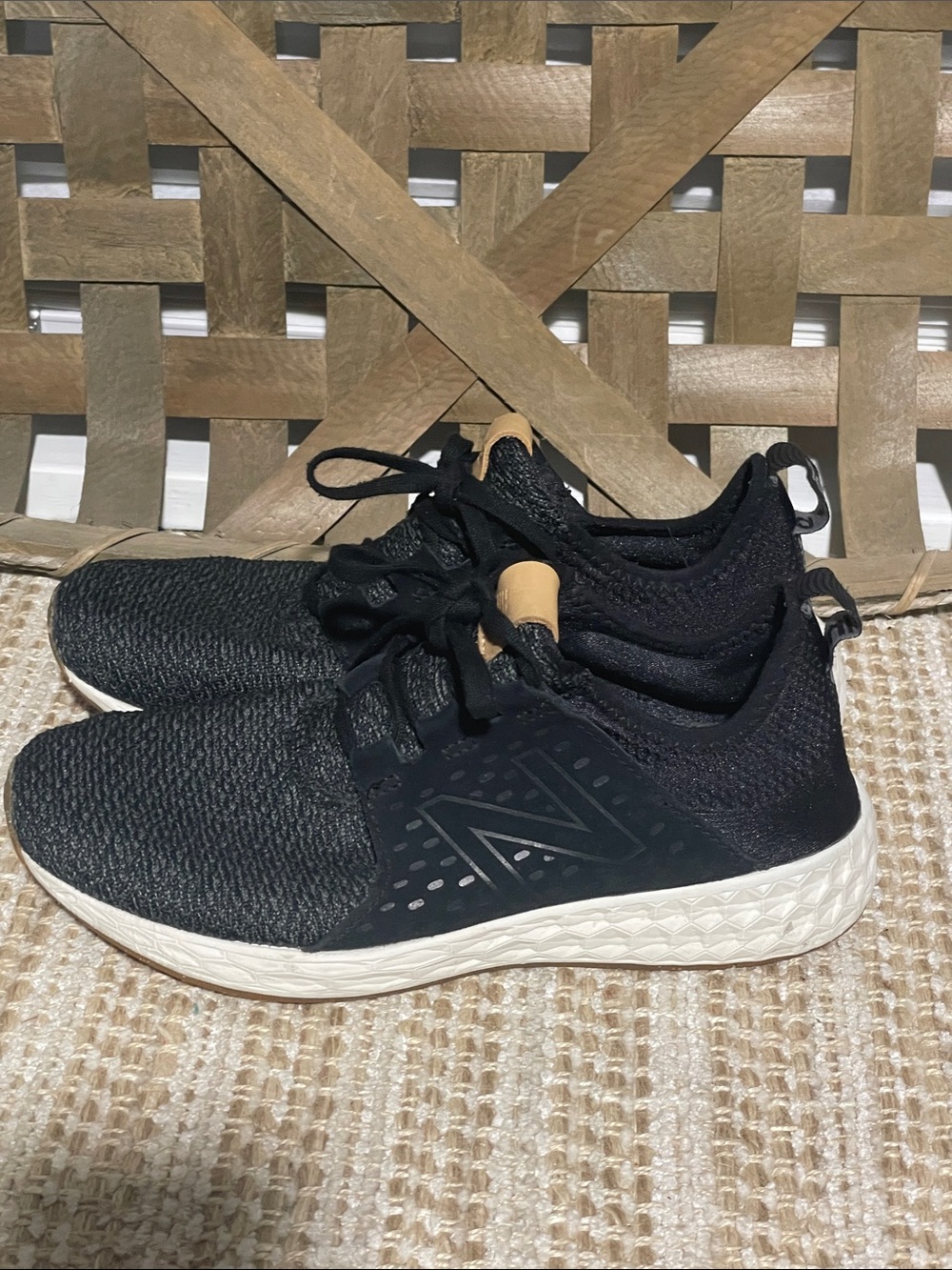 New Balance Black and White Athletic Sneakers with Tan Pull Tab